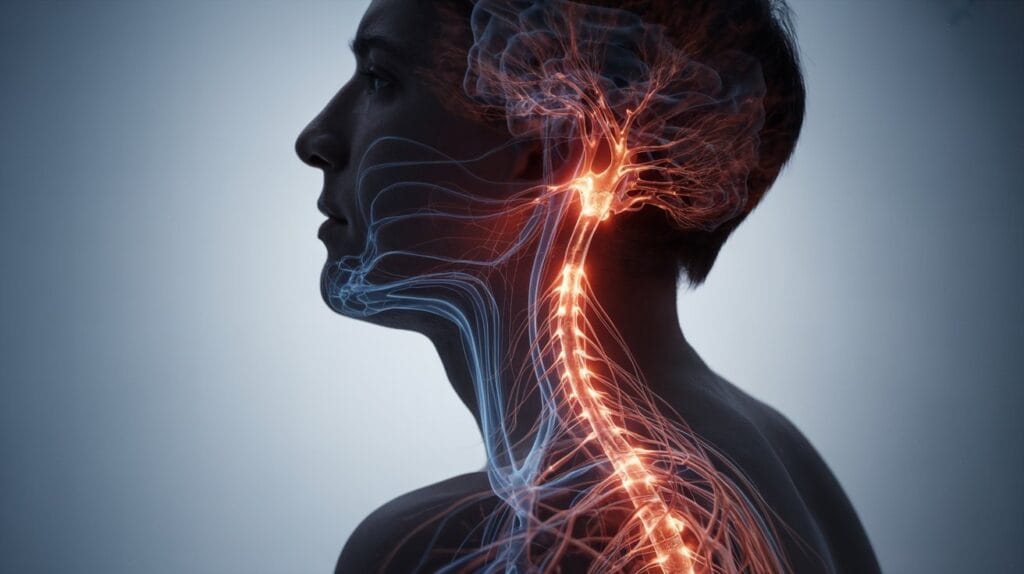 Silhouette of a person's head and neck, with a medical visualization showing the brain and spinal cord nerve pathways glowing red to illustrate the concept of chronic pain.