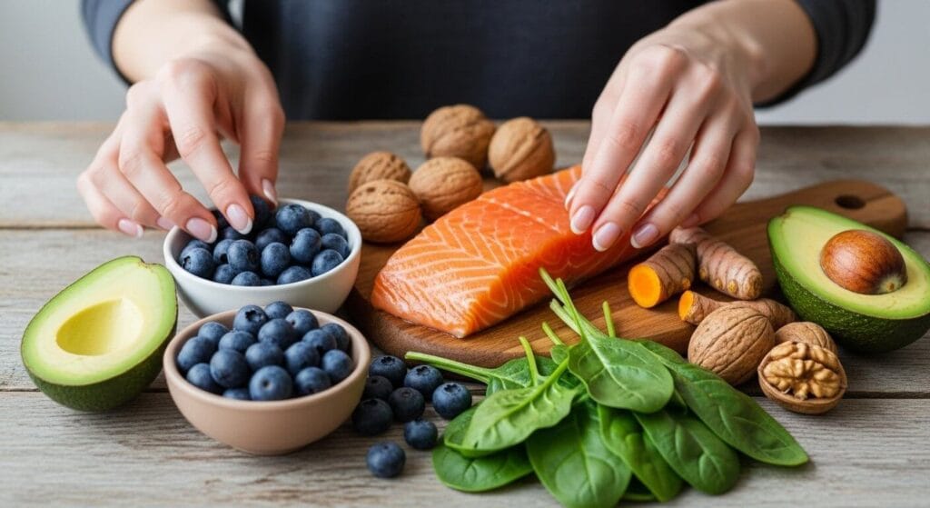 An anti-inflammatory grocery list, showing a person arranging healthy foods like salmon, blueberries, and spinach that help fight chronic pain.