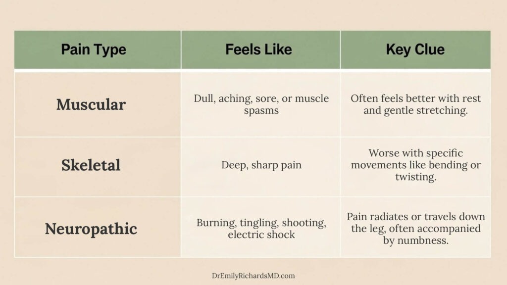 A comparison chart infographic explaining the differences between muscular, skeletal, and neuropathic types of back pain.