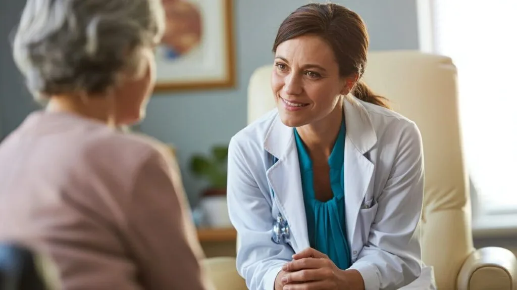 A female doctor in a white coat listens with a warm, empathetic smile to an older female patient during a chronic pain appointment.