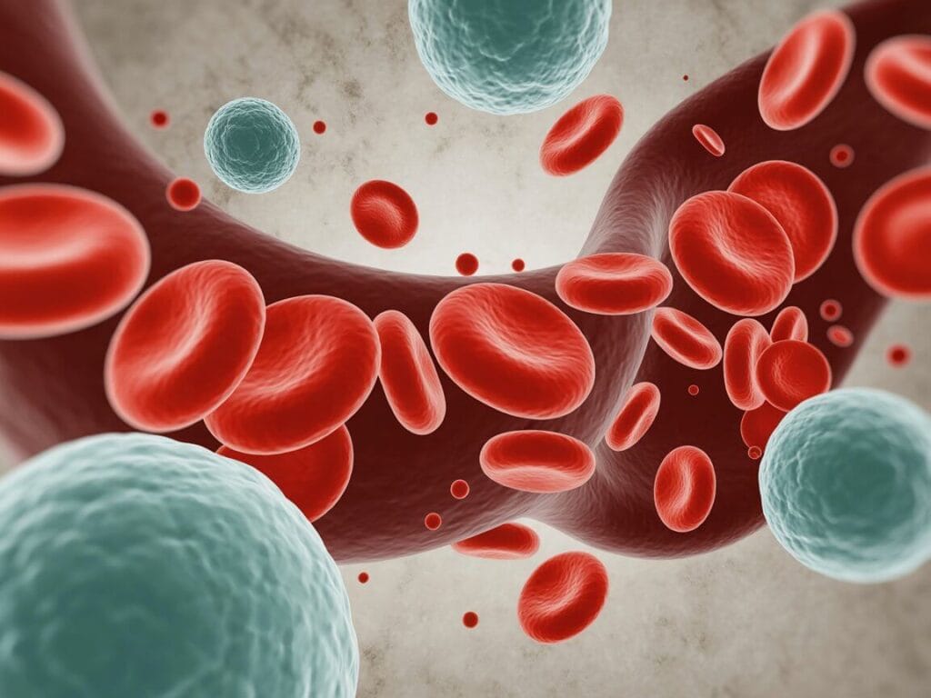 A stylized visualization of a complete blood count, showing red blood cells, white blood cells, and platelets.