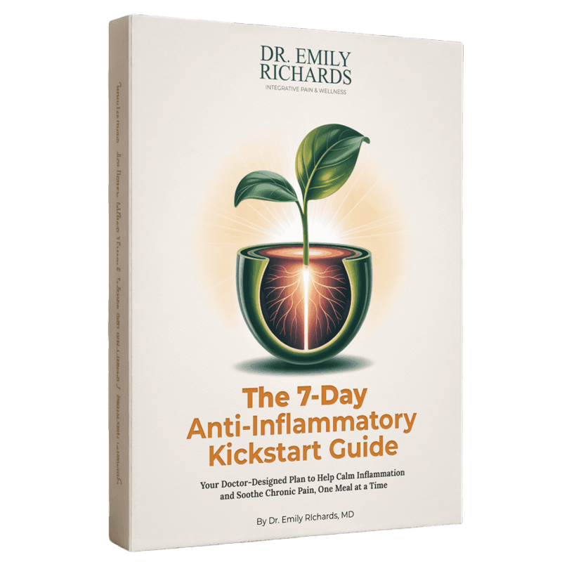 dr-emily-richards-anti-inflammatory-guide-mockup A 3D mockup of the e-book 'The 7-Day Anti-Inflammatory Kickstart Guide' by Dr. Emily Richards, MD.