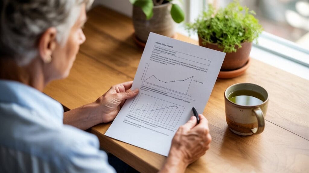 A patient sitting at a sunlit table, carefully reviewing their lab results with a sense of calm focus.