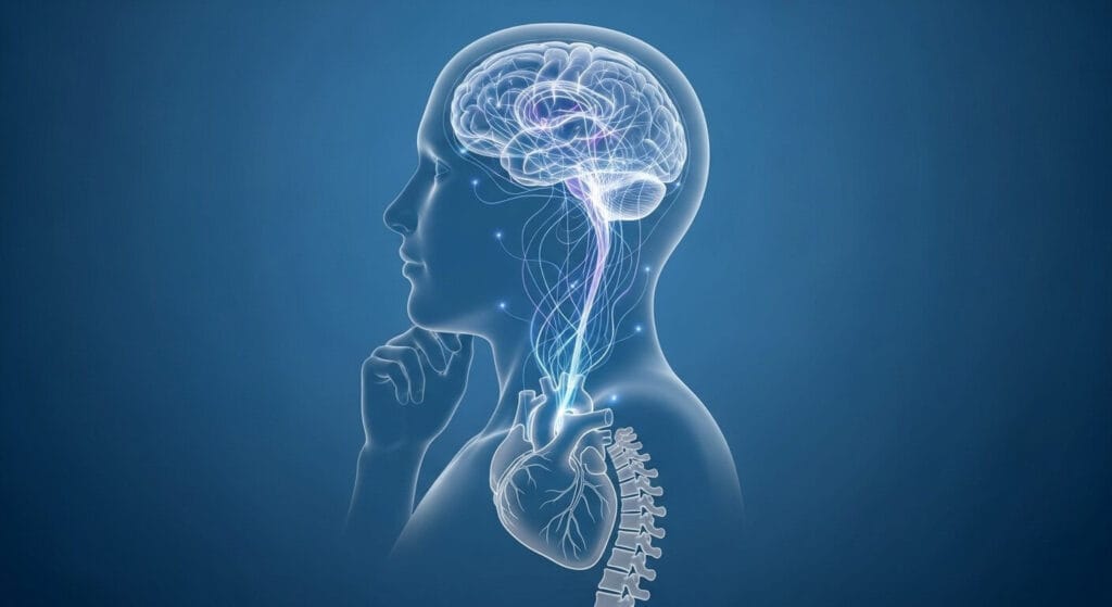 An illustration of the mind-body connection, showing how the brain's neural pathways influence pain perception.