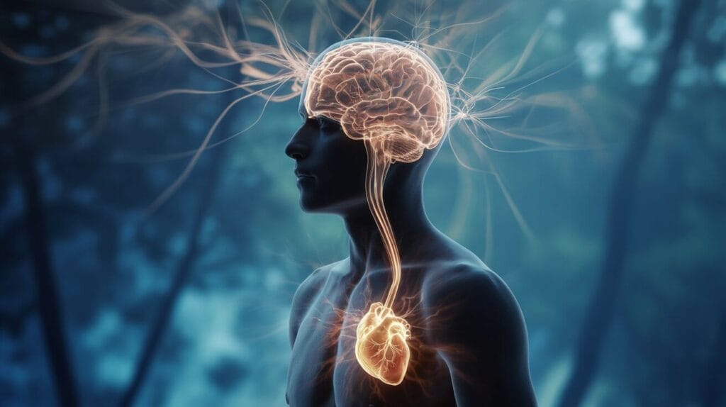 Conceptual image showing the mind-body connection for chronic pain relief, with light connecting the heart and brain's neural pathways.