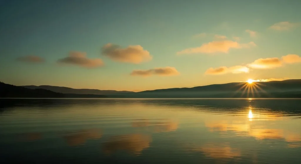 A serene sunrise over a calm lake, with misty mountains in the background, representing hope and a new beginning for chronic pain relief.