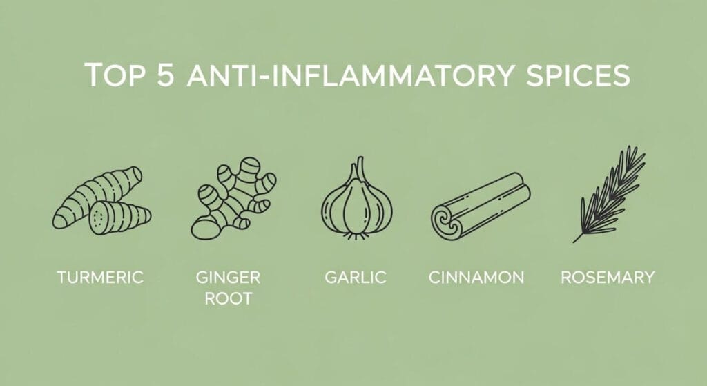 Infographic showing the top 5 anti-inflammatory spices: turmeric, ginger, garlic, cinnamon, and rosemary.