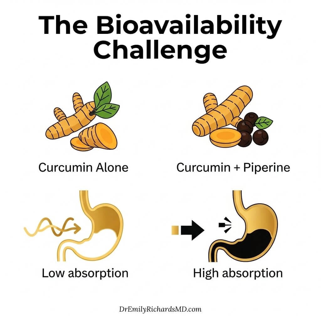 Infographic explaining how piperine from black pepper increases the bioavailability and absorption of curcumin from turmeric.
