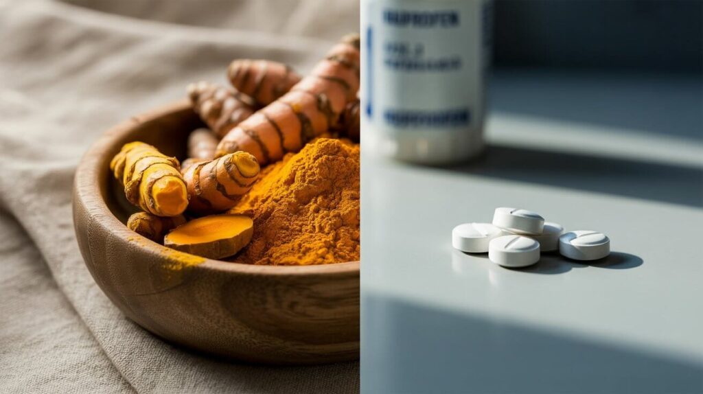 A doctor's evidence-based comparison of turmeric vs ibuprofen for pain relief, showing the natural spice next to the pharmaceutical pill