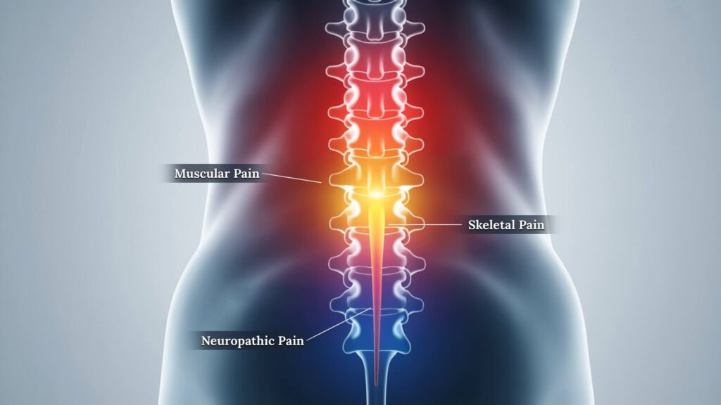 A medical illustration decoding the three main types of back pain: muscular, skeletal, and neuropathic, showing their location on the spine.
