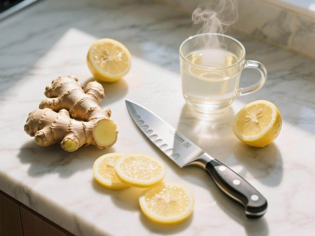 Fresh ginger root and lemon slices being prepared to make a soothing ginger tea for nausea relief.