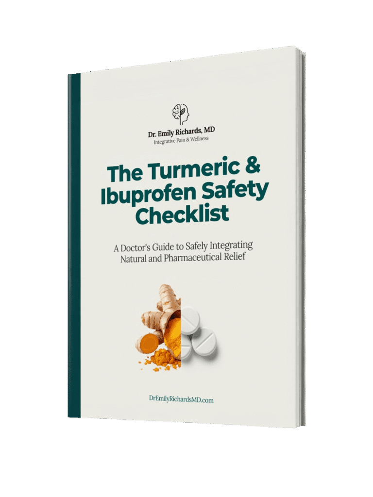turmeric-ibuprofen-safety-checklist-mockup A 3D mockup of the cover for Dr. Emily Richards' free PDF guide, 'The Turmeric & Ibuprofen Safety Checklist'.